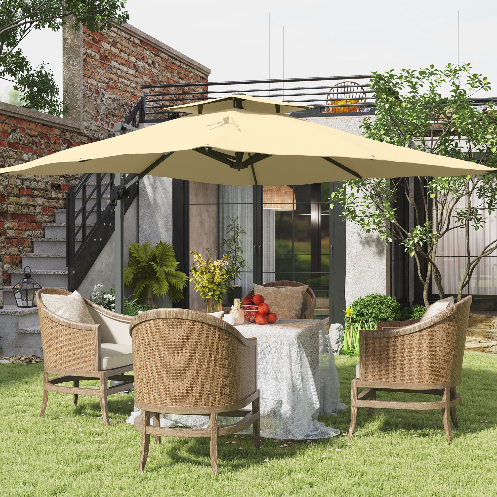 3m Square Offset Umbrella with Hydraulic Mechanism Rotating 360° Garden Umbrella 8 Ribs Double Cross Base Aluminum Mast Beige