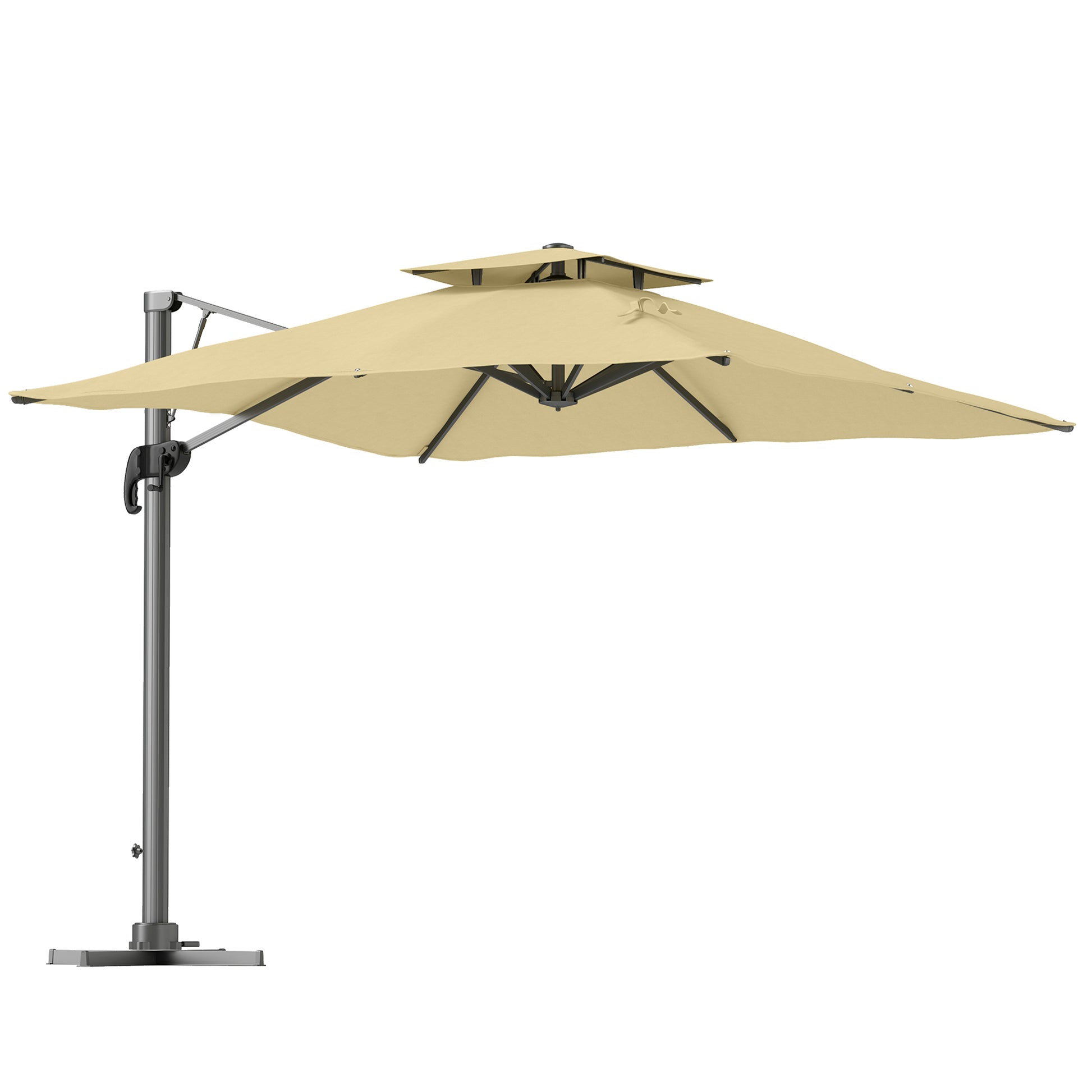 3m Square Offset Umbrella with Hydraulic Mechanism Rotating 360° Garden Umbrella 8 Ribs Double Cross Base Aluminum Mast Beige