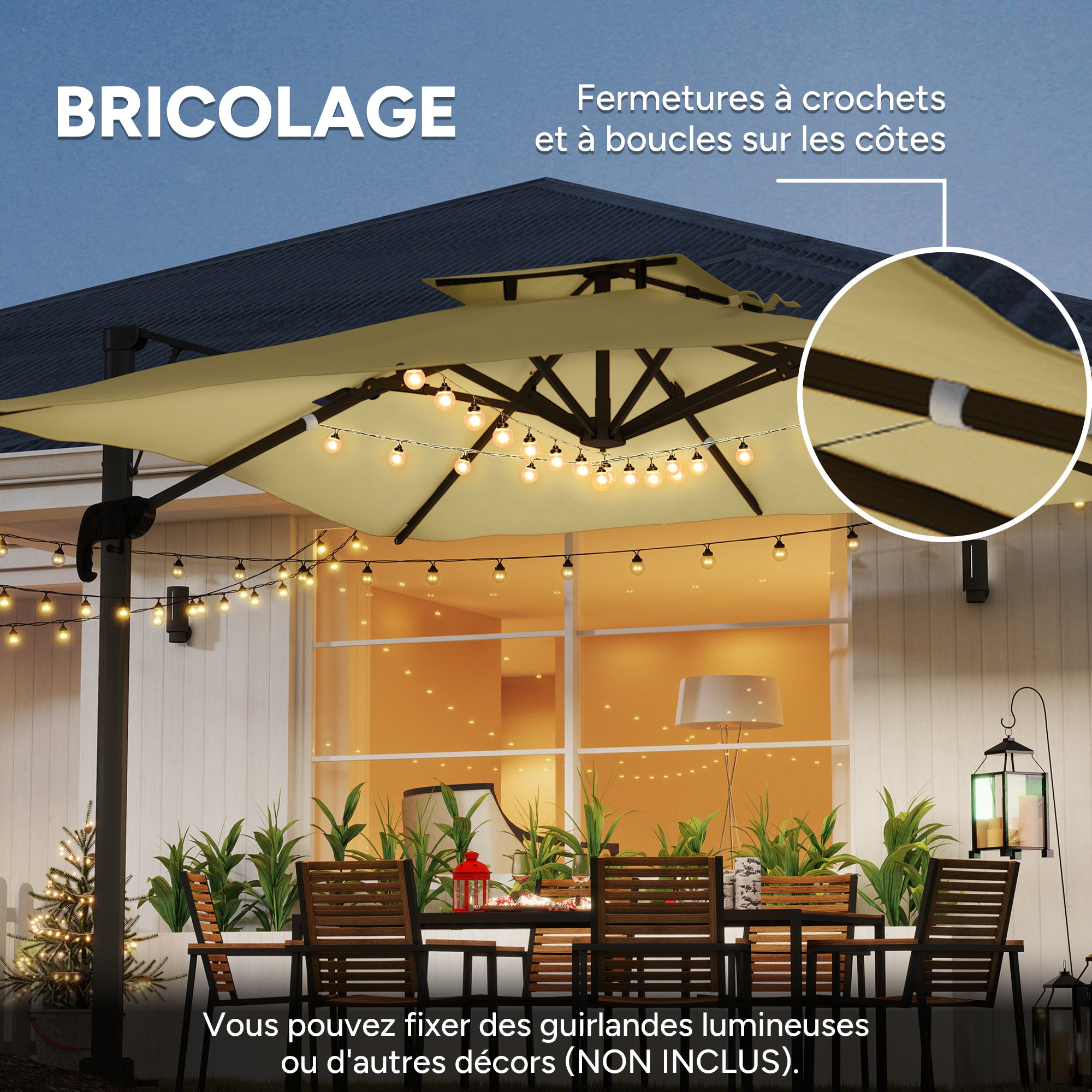 3m Square Offset Umbrella with Hydraulic Mechanism Rotating 360° Garden Umbrella 8 Ribs Double Cross Base Aluminum Mast Beige