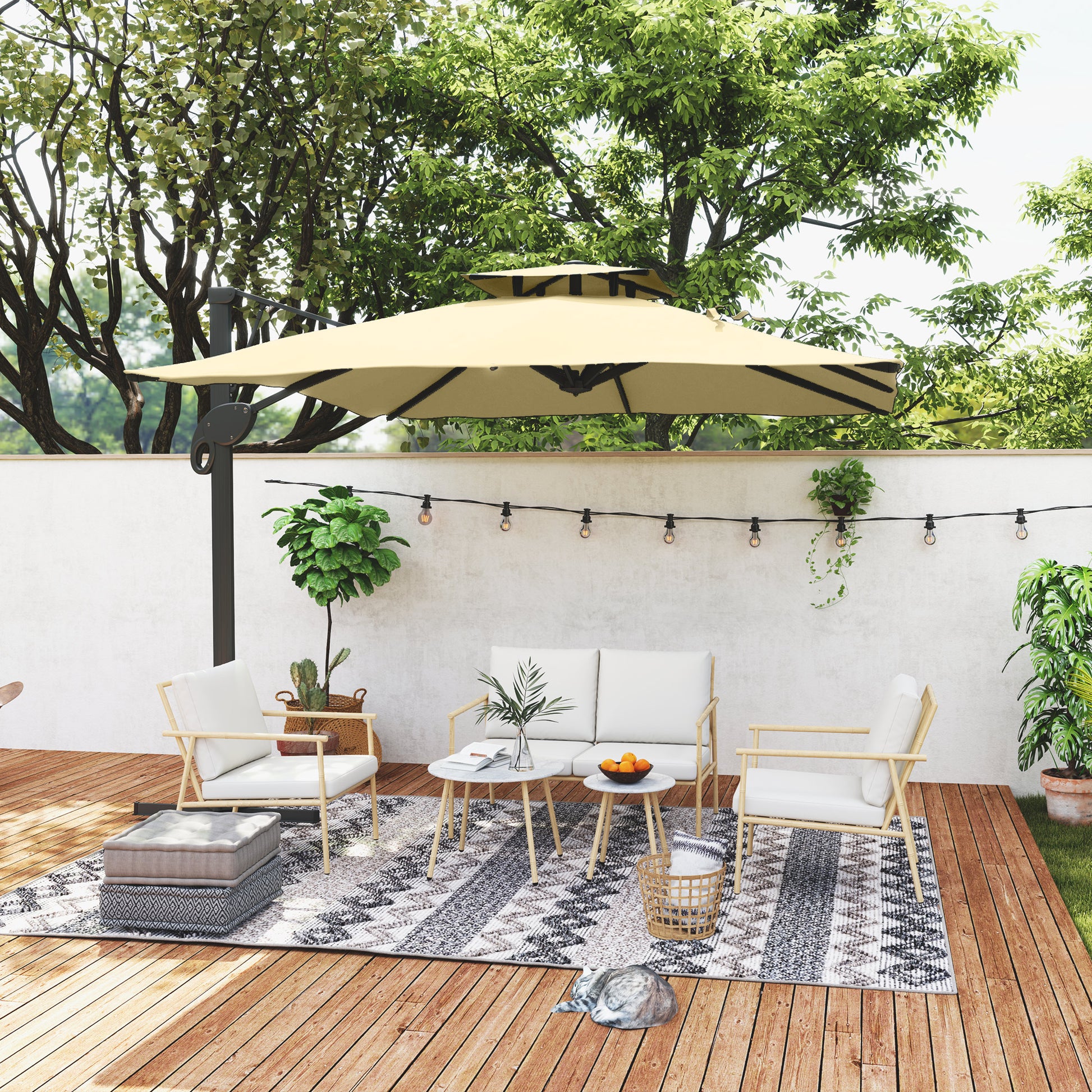 3m Square Offset Umbrella with Hydraulic Mechanism Rotating 360° Garden Umbrella 8 Ribs Double Cross Base Aluminum Mast Beige