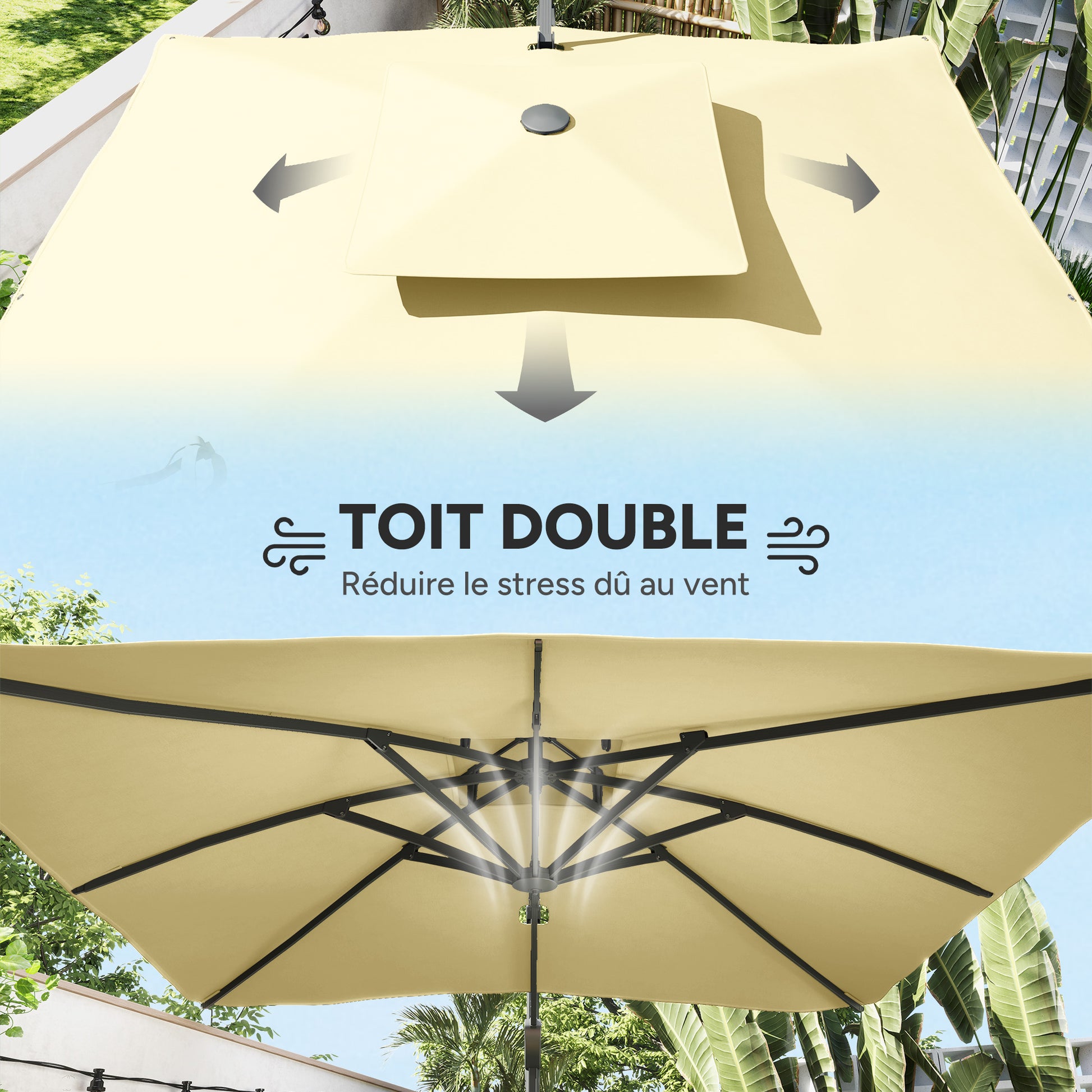3m Square Offset Umbrella with Hydraulic Mechanism Rotating 360° Garden Umbrella 8 Ribs Double Cross Base Aluminum Mast Beige
