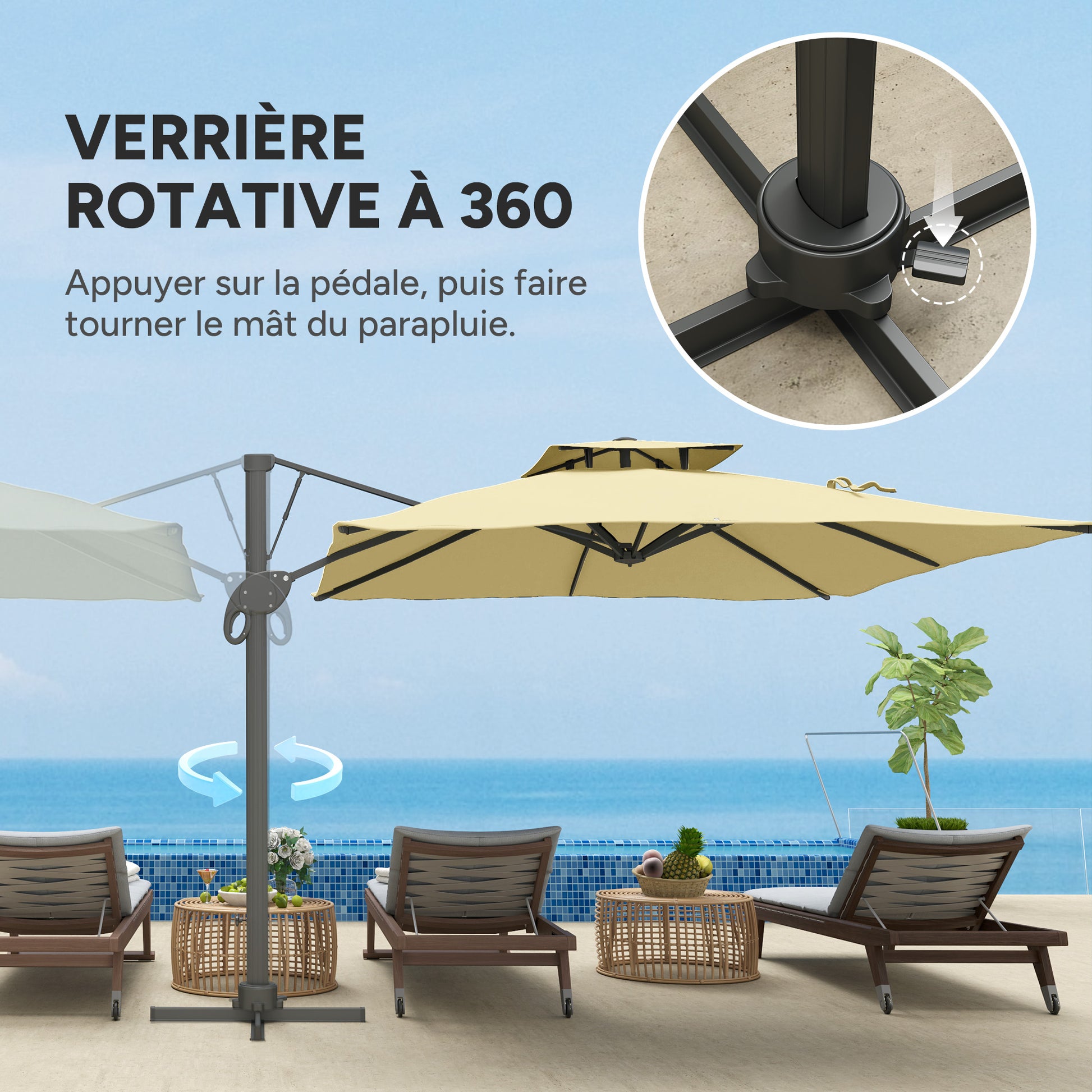 3m Square Offset Umbrella with Hydraulic Mechanism Rotating 360° Garden Umbrella 8 Ribs Double Cross Base Aluminum Mast Beige