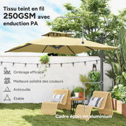 3m Square Offset Umbrella with Hydraulic Mechanism Rotating 360° Garden Umbrella 8 Ribs Double Cross Base Aluminum Mast Beige