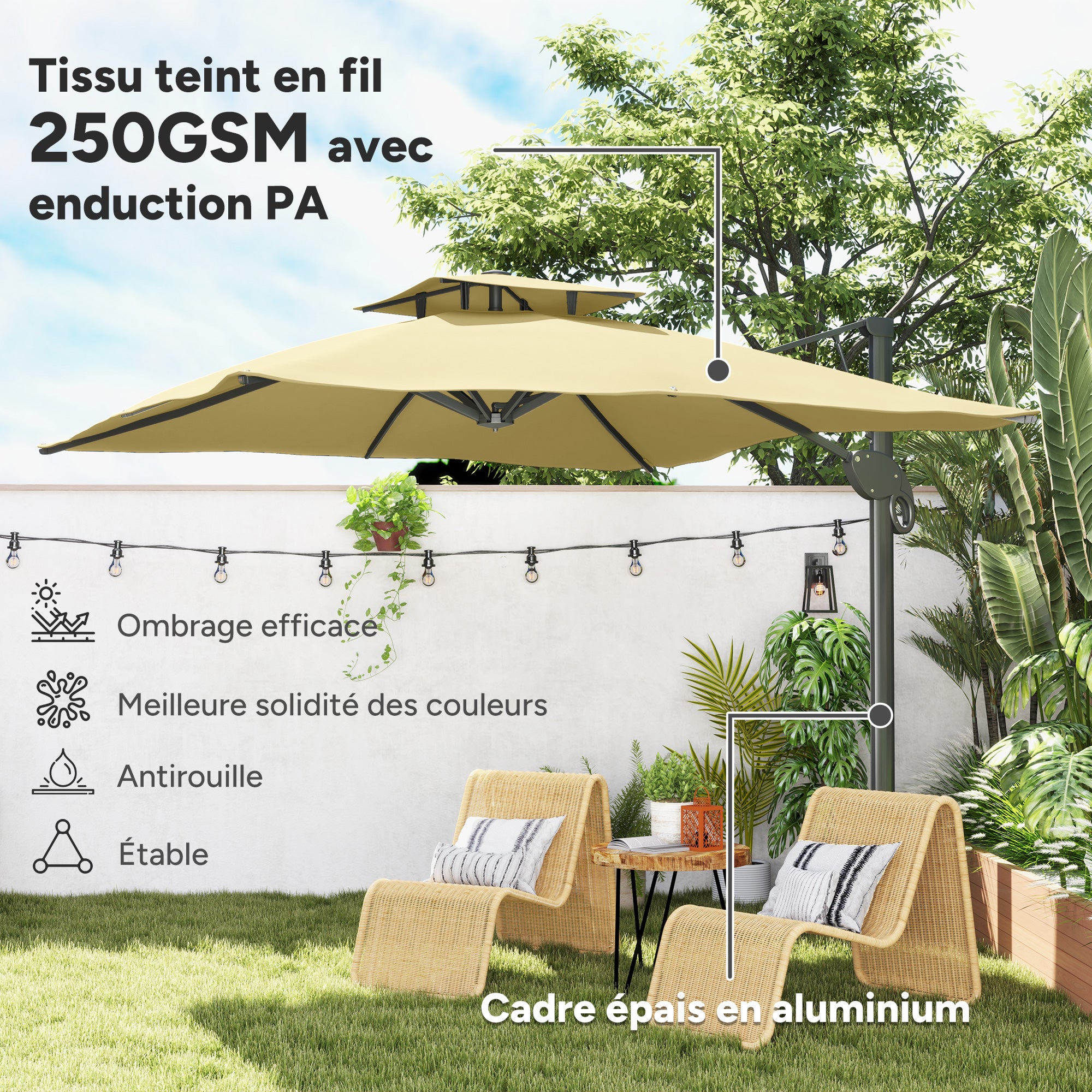 3m Square Offset Umbrella with Hydraulic Mechanism Rotating 360° Garden Umbrella 8 Ribs Double Cross Base Aluminum Mast Beige