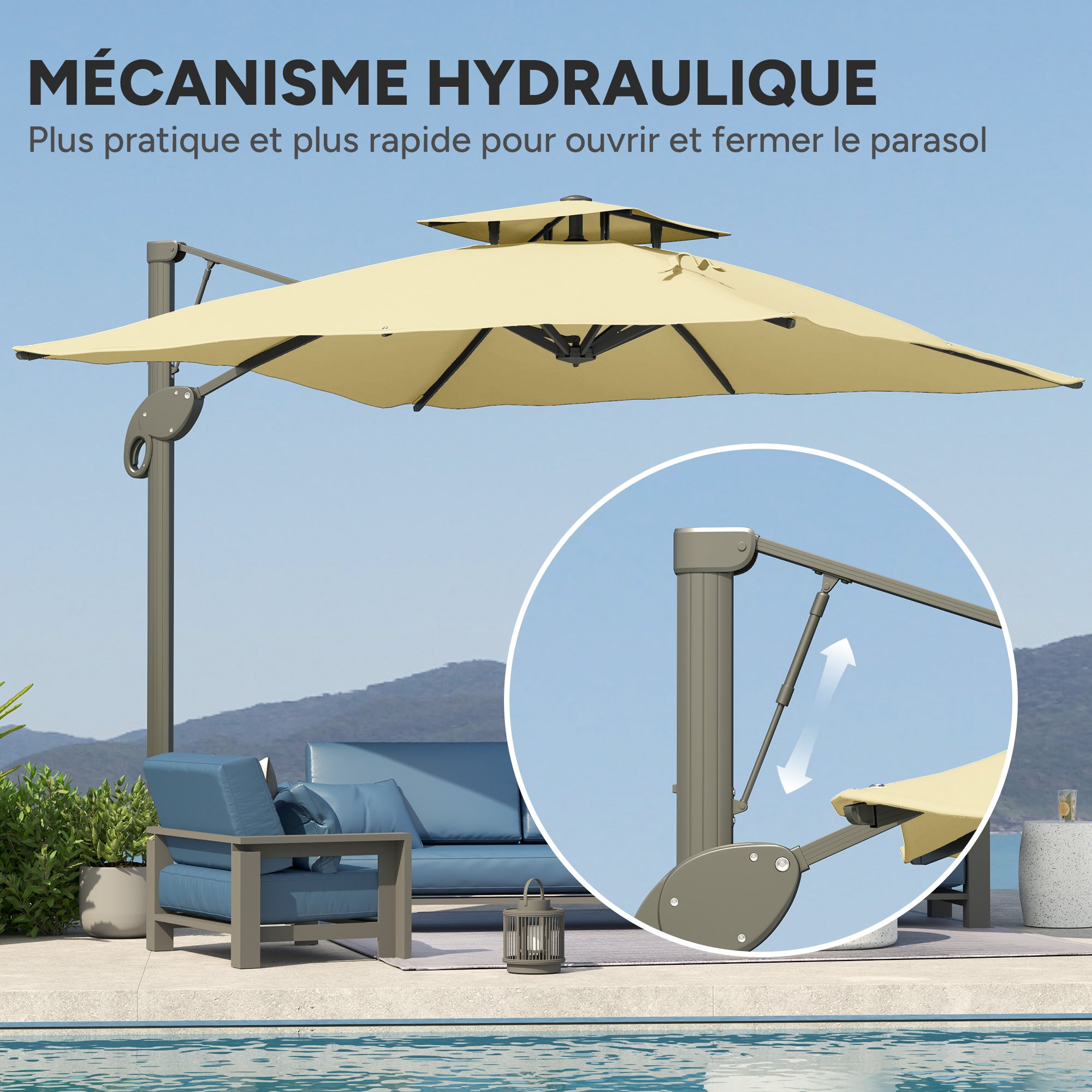 3m Square Offset Umbrella with Hydraulic Mechanism Rotating 360° Garden Umbrella 8 Ribs Double Cross Base Aluminum Mast Beige