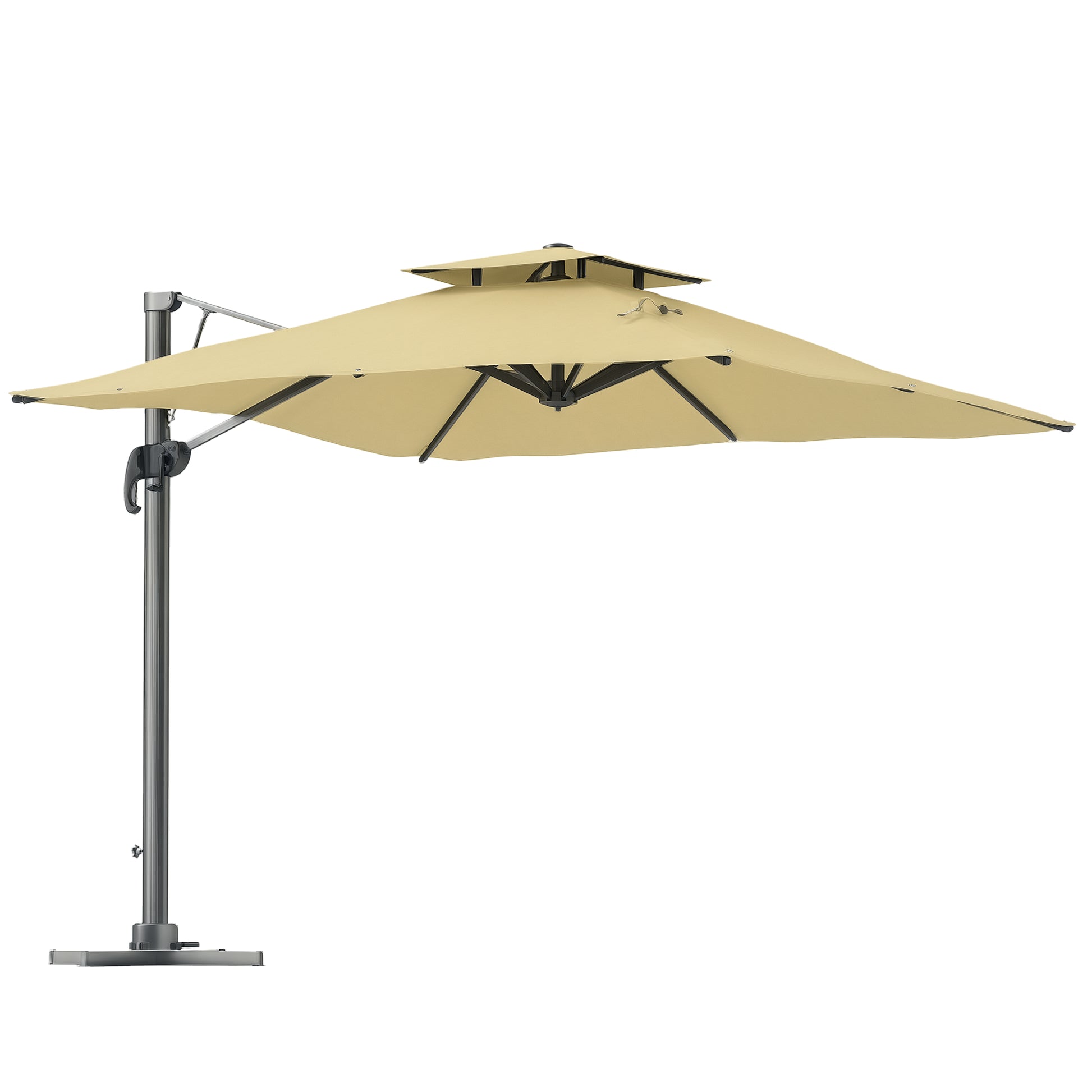 3m Square Offset Umbrella with Hydraulic Mechanism Rotating 360° Garden Umbrella 8 Ribs Double Cross Base Aluminum Mast Beige