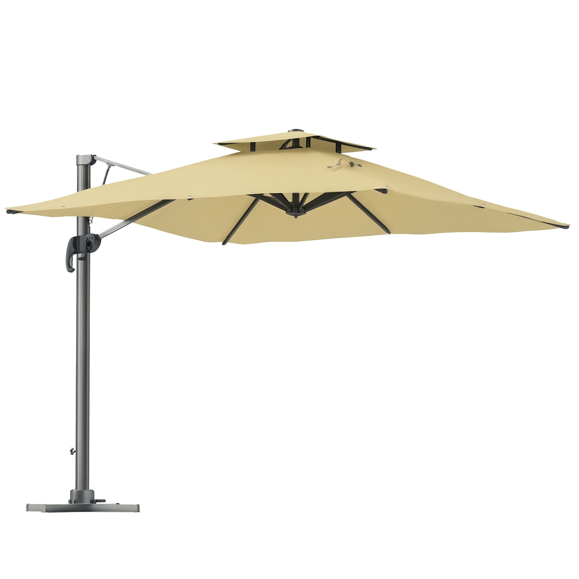 3m Square Offset Umbrella with Hydraulic Mechanism Rotating 360° Garden Umbrella 8 Ribs Double Cross Base Aluminum Mast Beige