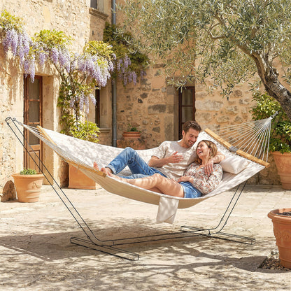 Outdoor Hammock 200 x 140 cm (79" x 55") – Quilted Two-Layer Double Hammock with Headrest, Magazine Pocket & Beech Wood Spreaders, Cream White