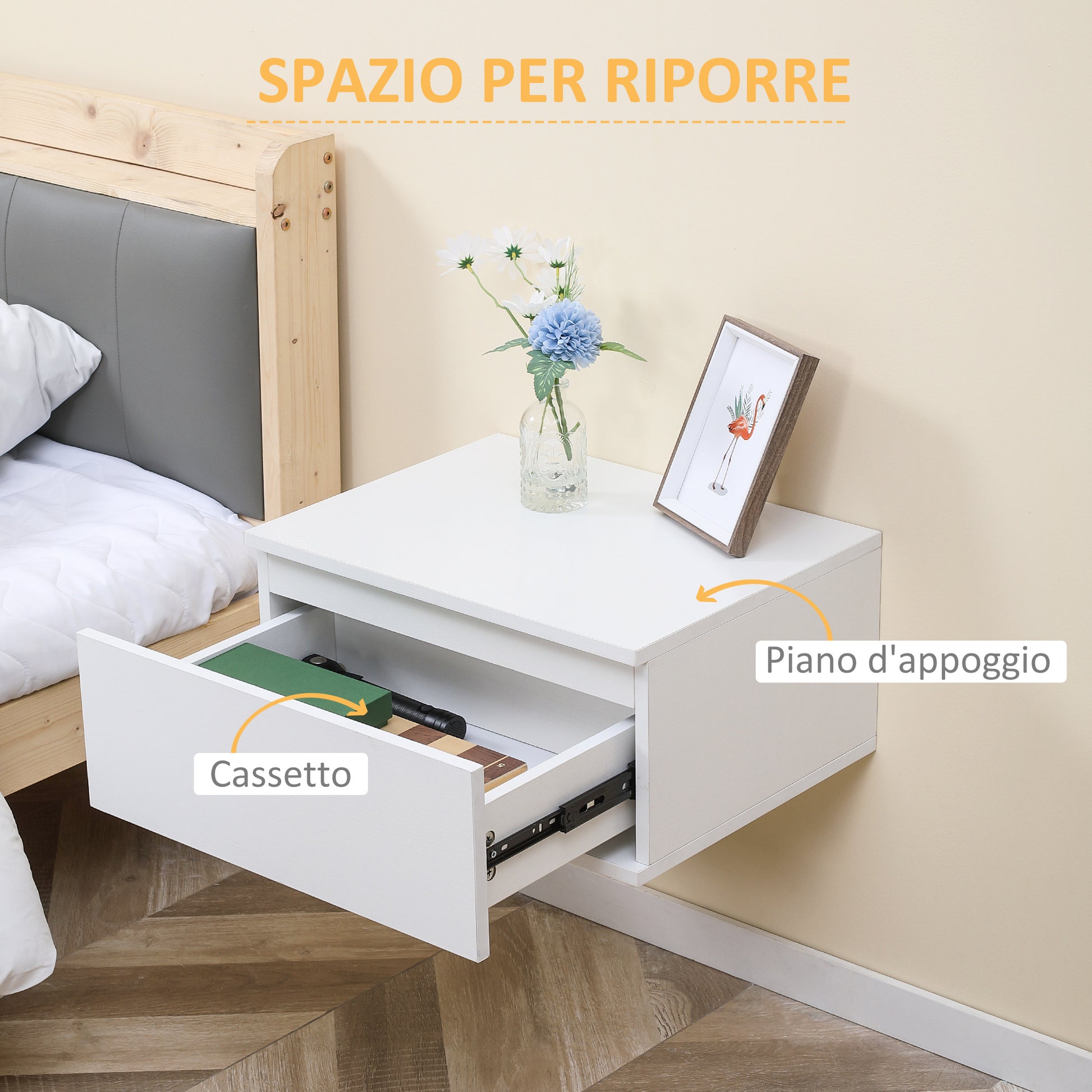 Set of 2 Modern Bedside Tables with Drawer and Suspended Design for Bedroom and Living Room, in Chipboard and MDF, 49x38x23cm, White