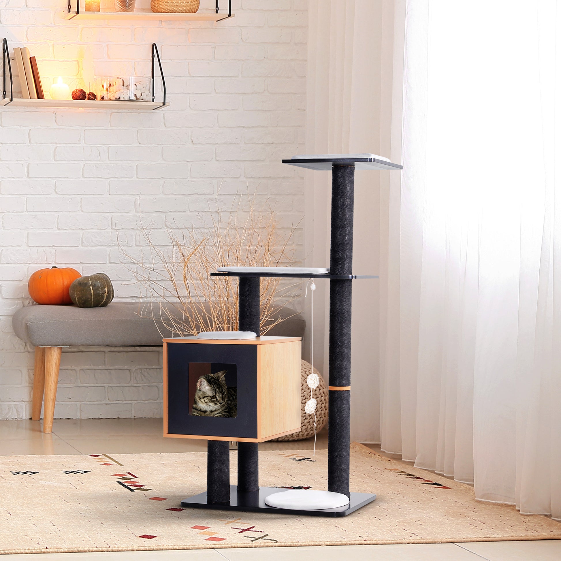 Contemporary Design Cat Tree Scratching Posts Sisal Natural Activities Center Hideaway Platforms Hanging Ball Toys 71.5L x 49.5W x 120H cm MDF Black Beech