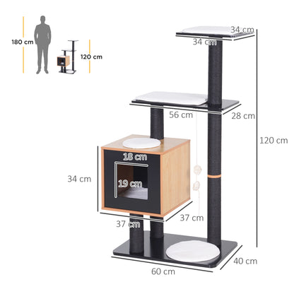 Contemporary Design Cat Tree Scratching Posts Sisal Natural Activities Center Hideaway Platforms Hanging Ball Toys 71.5L x 49.5W x 120H cm MDF Black Beech