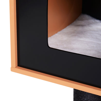 Contemporary Design Cat Tree Scratching Posts Sisal Natural Activities Center Hideaway Platforms Hanging Ball Toys 71.5L x 49.5W x 120H cm MDF Black Beech