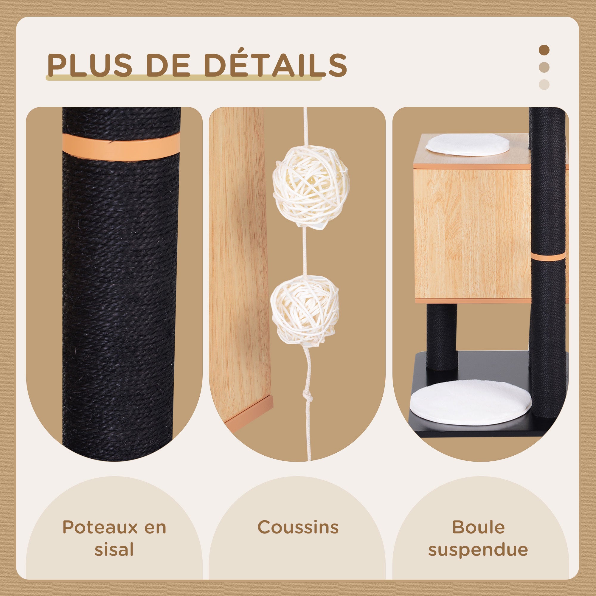 Contemporary Design Cat Tree Scratching Posts Sisal Natural Activities Center Hideaway Platforms Hanging Ball Toys 71.5L x 49.5W x 120H cm MDF Black Beech