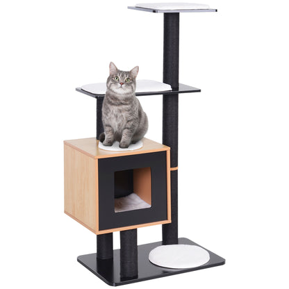 Contemporary Design Cat Tree Scratching Posts Sisal Natural Activities Center Hideaway Platforms Hanging Ball Toys 71.5L x 49.5W x 120H cm MDF Black Beech