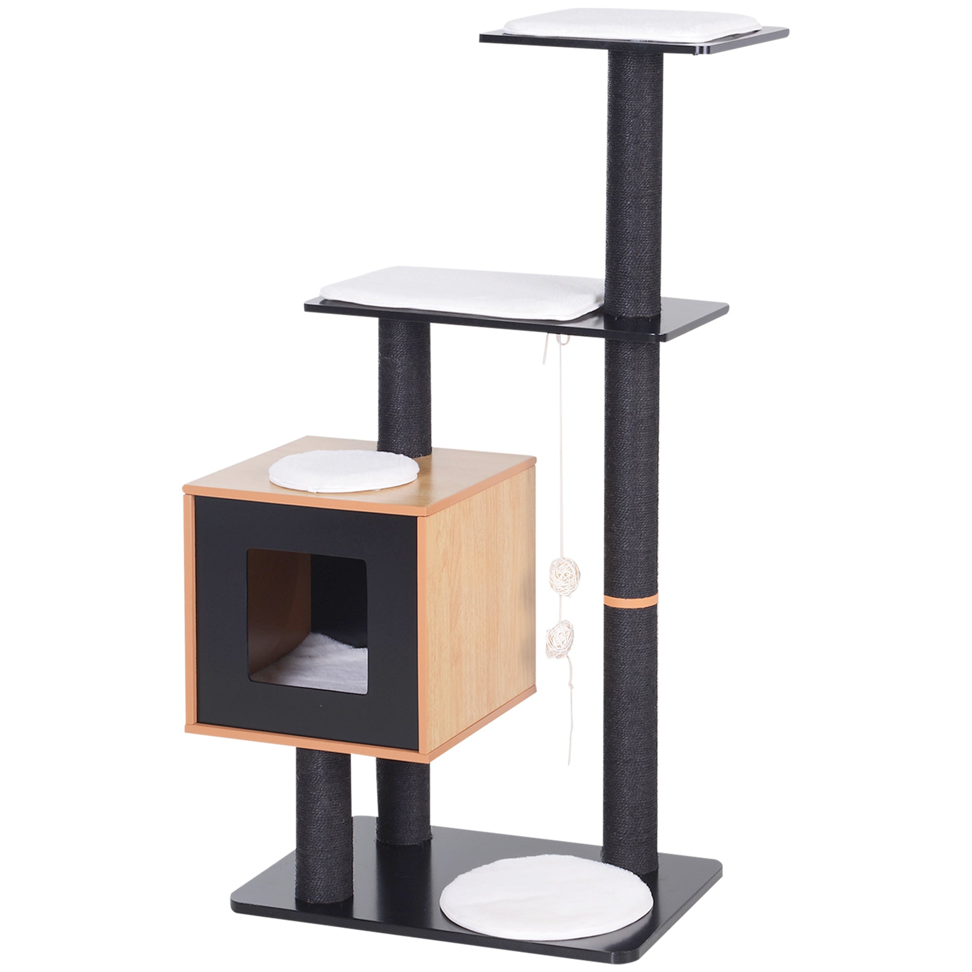 Contemporary Design Cat Tree Scratching Posts Sisal Natural Activities Center Hideaway Platforms Hanging Ball Toys 71.5L x 49.5W x 120H cm MDF Black Beech