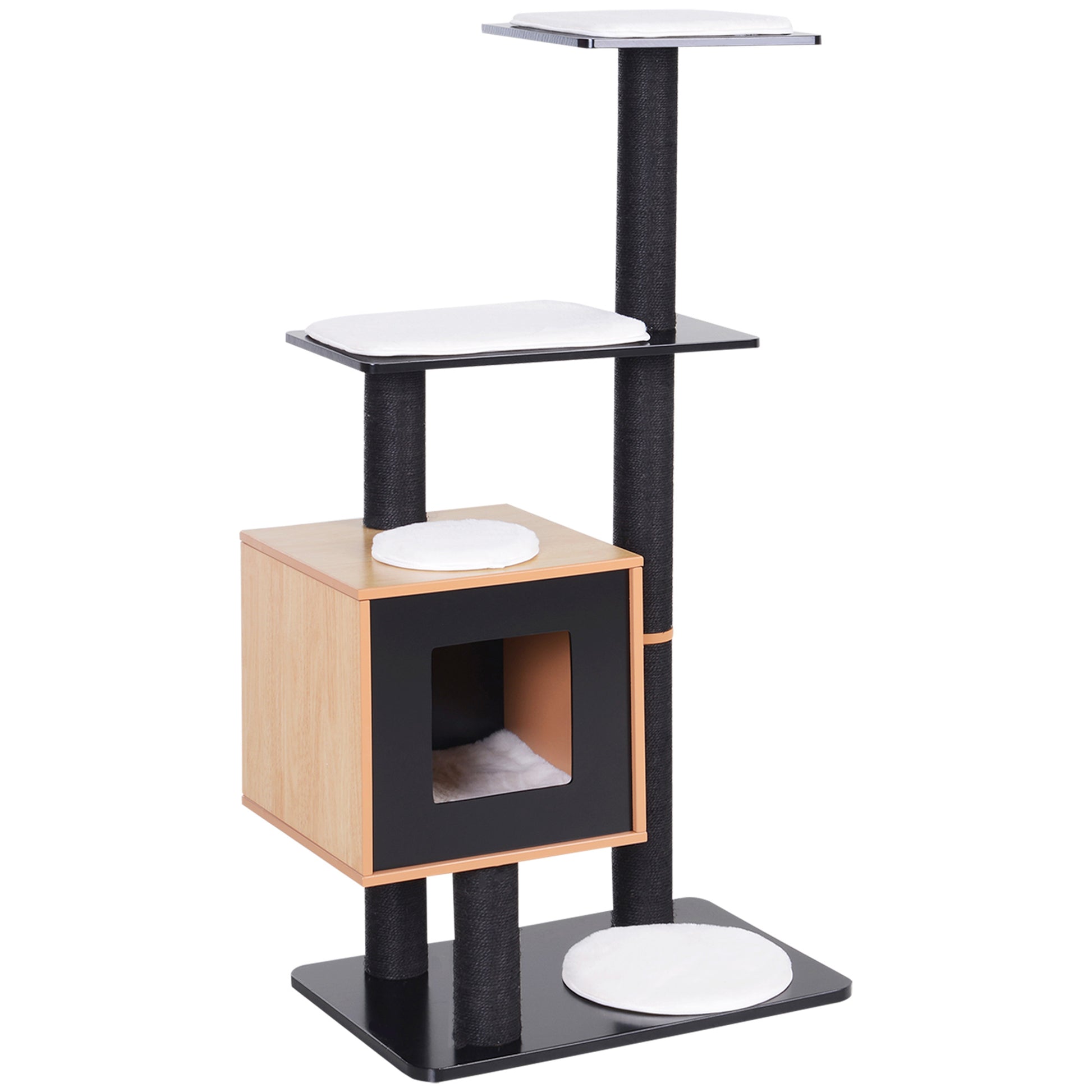 Contemporary Design Cat Tree Scratching Posts Sisal Natural Activities Center Hideaway Platforms Hanging Ball Toys 71.5L x 49.5W x 120H cm MDF Black Beech