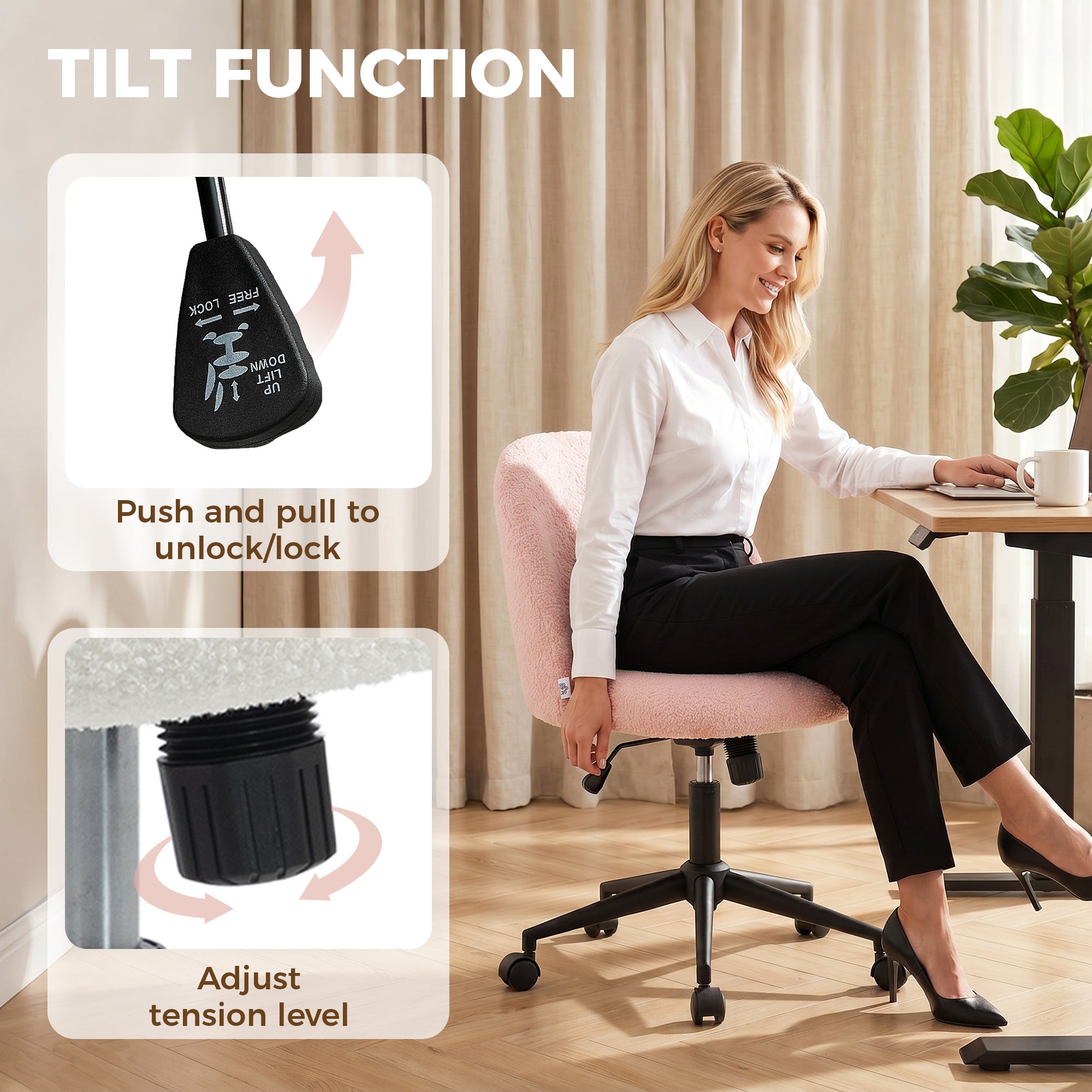 Height-Adjustable Teddy Fleece Office Chair with Swivel Casters & Tilt, Up to 265 lb — Pink Vanity/Desk Chair