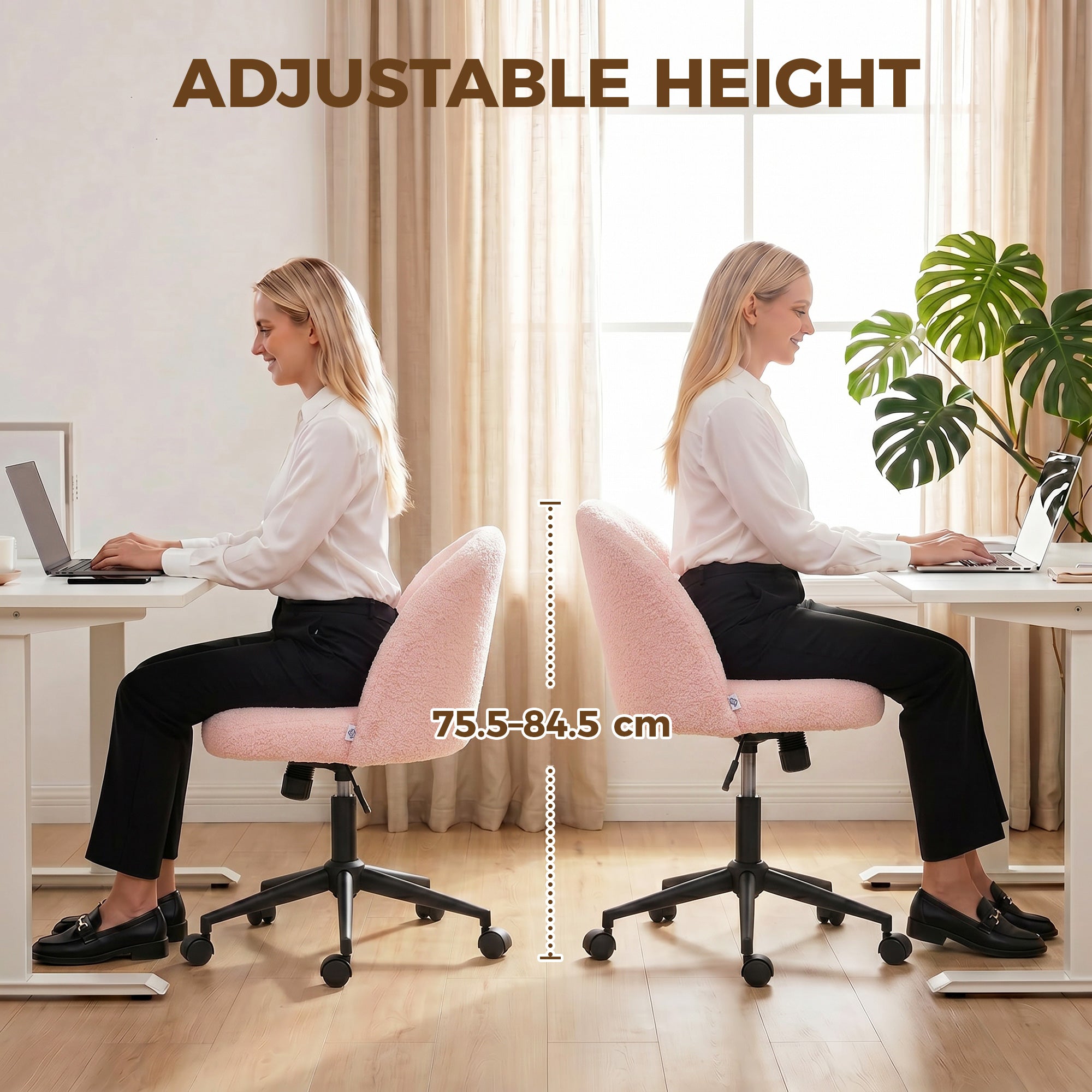 Height-Adjustable Teddy Fleece Office Chair with Swivel Casters & Tilt, Up to 265 lb — Pink Vanity/Desk Chair