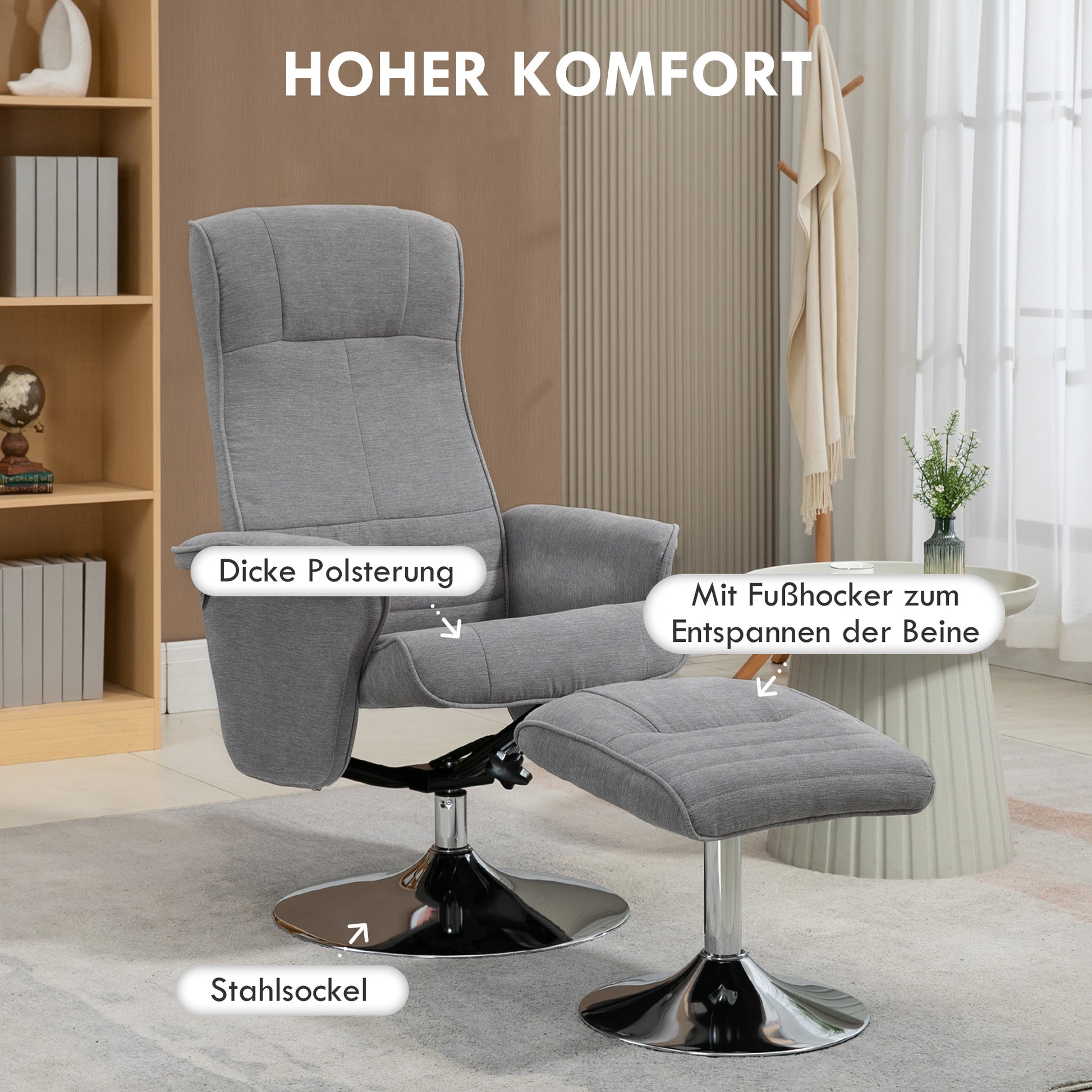 Reclining Chair with Footrest, 360° Swivel TV Chair with Reclining Function Upholstered TV Chair with Velvet Look for Living Room, Grey