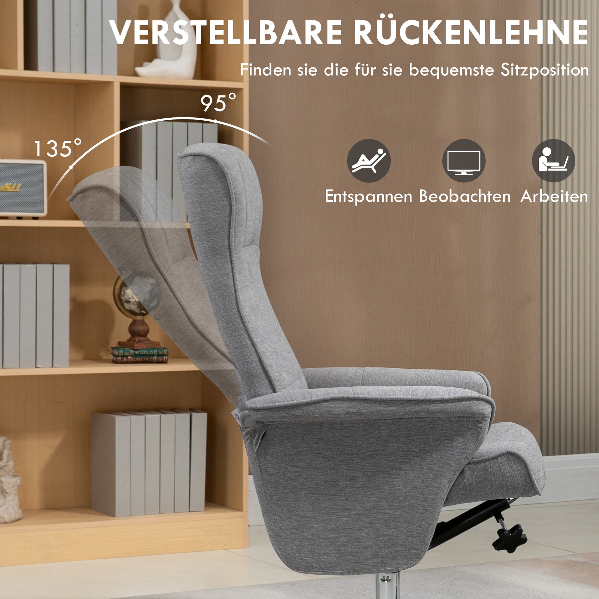 Reclining Chair with Footrest, 360° Swivel TV Chair with Reclining Function Upholstered TV Chair with Velvet Look for Living Room, Grey