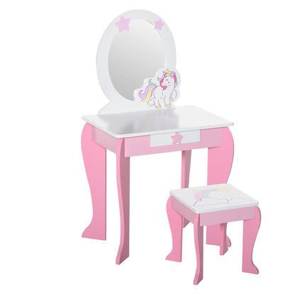 Unicorn Design Children's Dressing Table - Includes Stool - 49L x 34W x 90H cm - Drawer, Mirror - MDF - Pink White