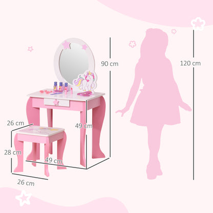 Unicorn Design Children's Dressing Table - Includes Stool - 49L x 34W x 90H cm - Drawer, Mirror - MDF - Pink White