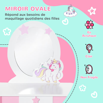 Unicorn Design Children's Dressing Table - Includes Stool - 49L x 34W x 90H cm - Drawer, Mirror - MDF - Pink White