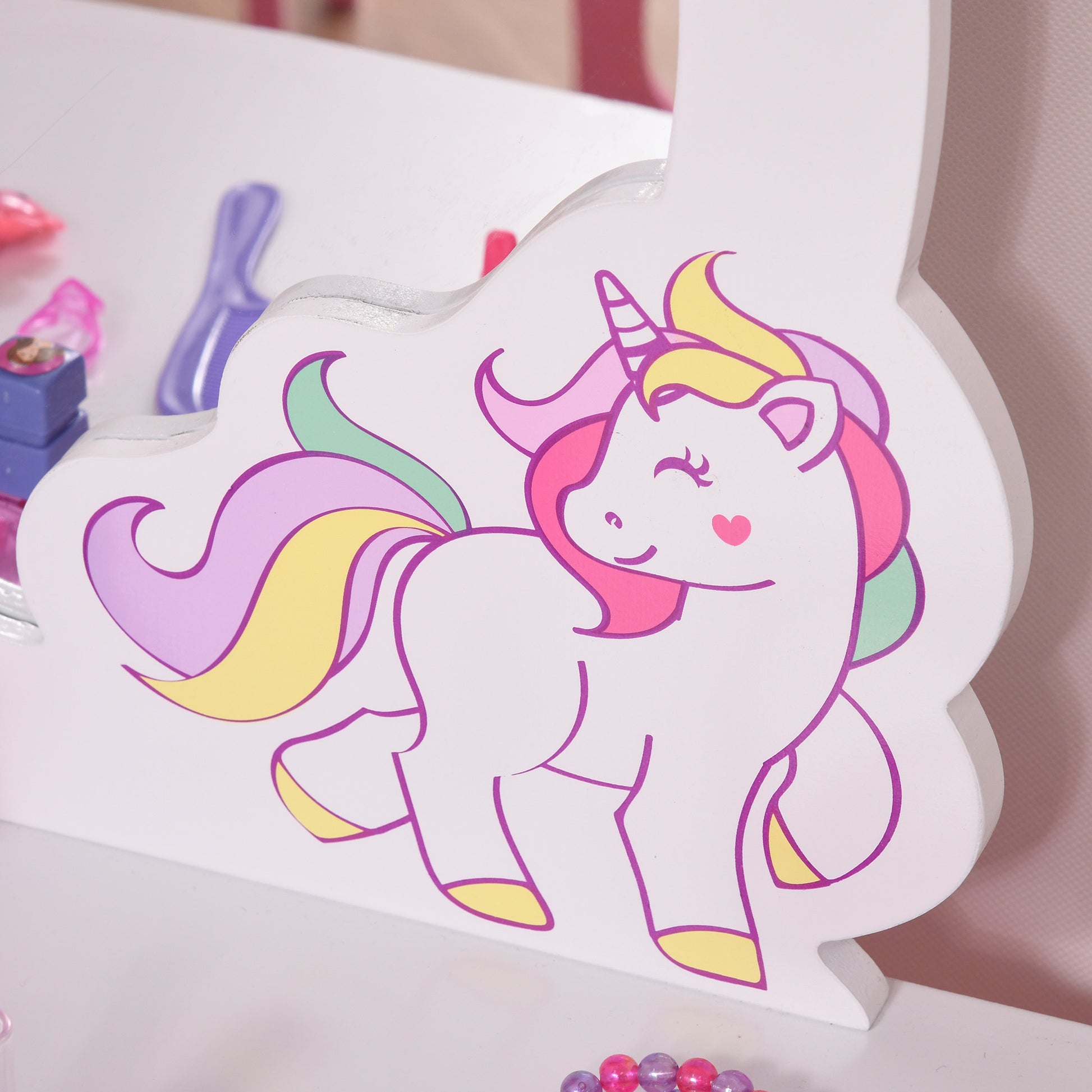 Unicorn Design Children's Dressing Table - Includes Stool - 49L x 34W x 90H cm - Drawer, Mirror - MDF - Pink White