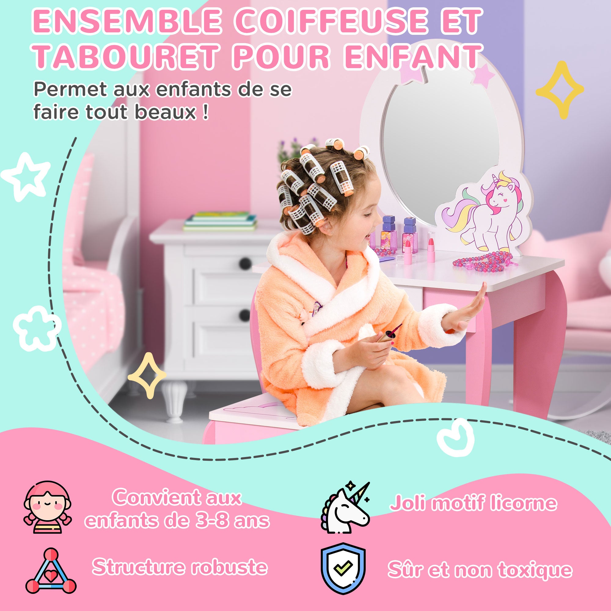 Unicorn Design Children's Dressing Table - Includes Stool - 49L x 34W x 90H cm - Drawer, Mirror - MDF - Pink White