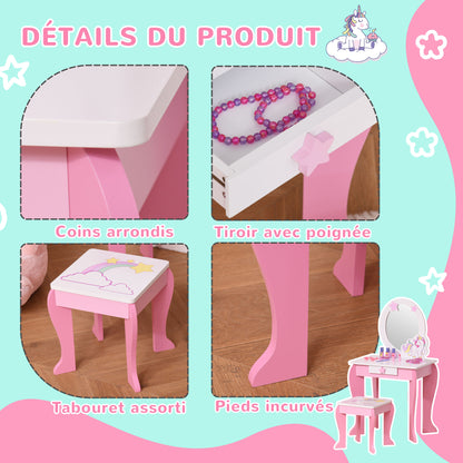 Unicorn Design Children's Dressing Table - Includes Stool - 49L x 34W x 90H cm - Drawer, Mirror - MDF - Pink White