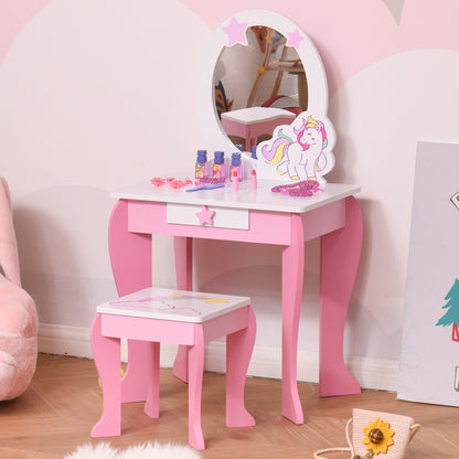 Unicorn Design Children's Dressing Table - Includes Stool - 49L x 34W x 90H cm - Drawer, Mirror - MDF - Pink White