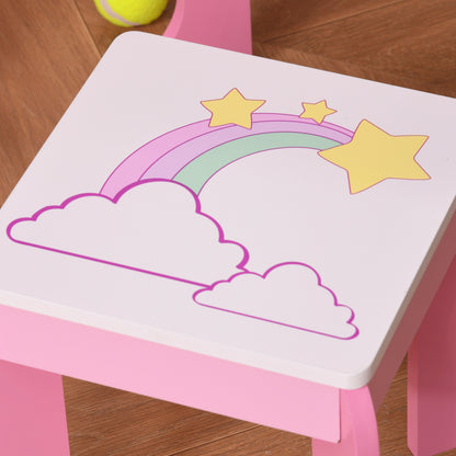 Unicorn Design Children's Dressing Table - Includes Stool - 49L x 34W x 90H cm - Drawer, Mirror - MDF - Pink White