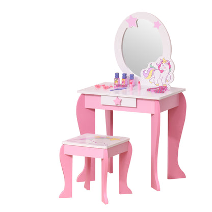Unicorn Design Children's Dressing Table - Includes Stool - 49L x 34W x 90H cm - Drawer, Mirror - MDF - Pink White