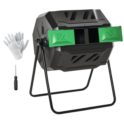 Composter 160L, 71cm x 65cm x 96cm Rotatable Quick Composter made of Plastic, Thermocomposter with 2 Chambers, for Organic and Garden Waste, Black