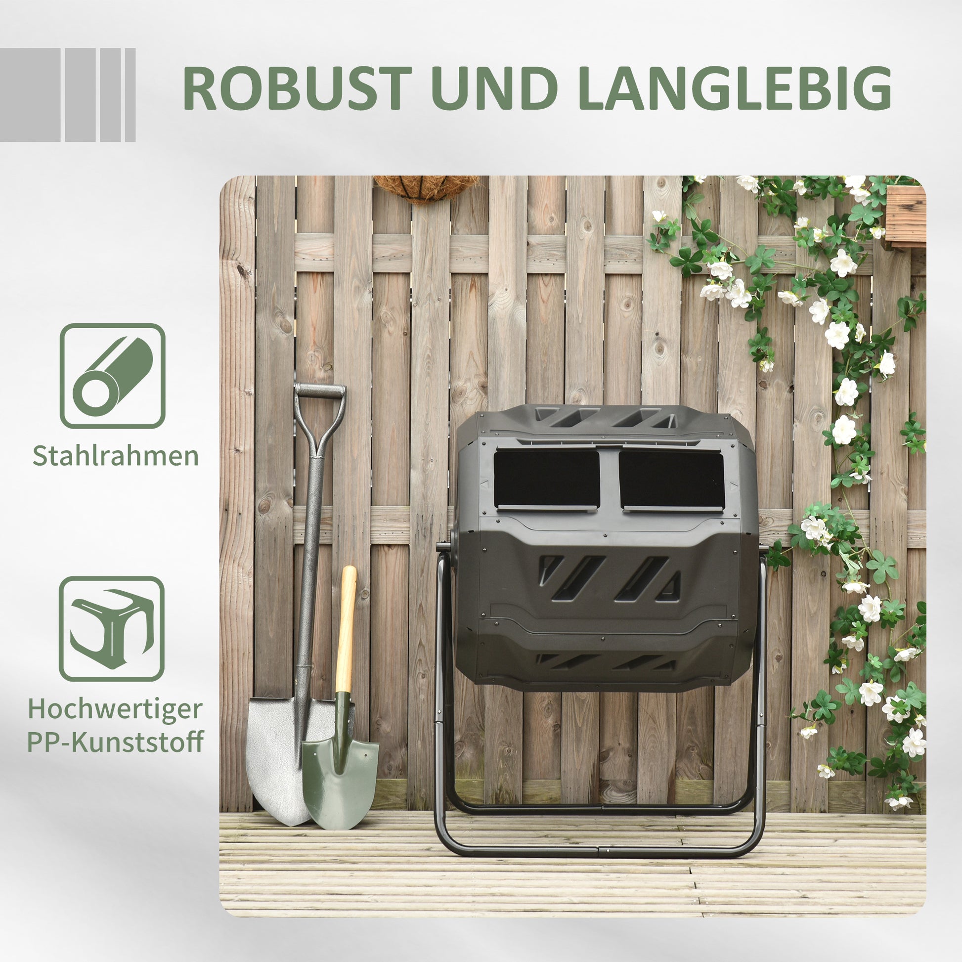 Composter 160L, 71cm x 65cm x 96cm Rotatable Quick Composter made of Plastic, Thermocomposter with 2 Chambers, for Organic and Garden Waste, Black