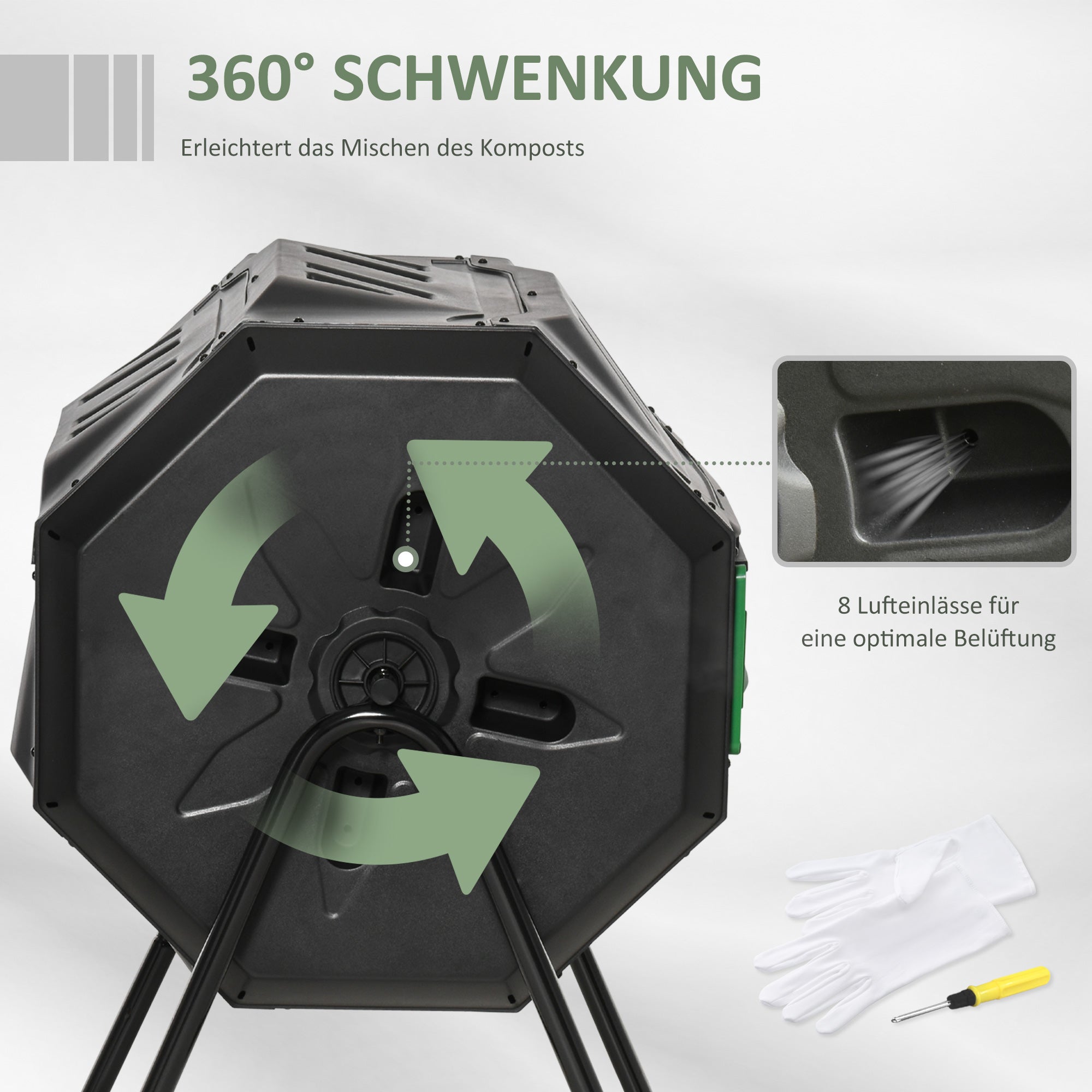 Composter 160L, 71cm x 65cm x 96cm Rotatable Quick Composter made of Plastic, Thermocomposter with 2 Chambers, for Organic and Garden Waste, Black