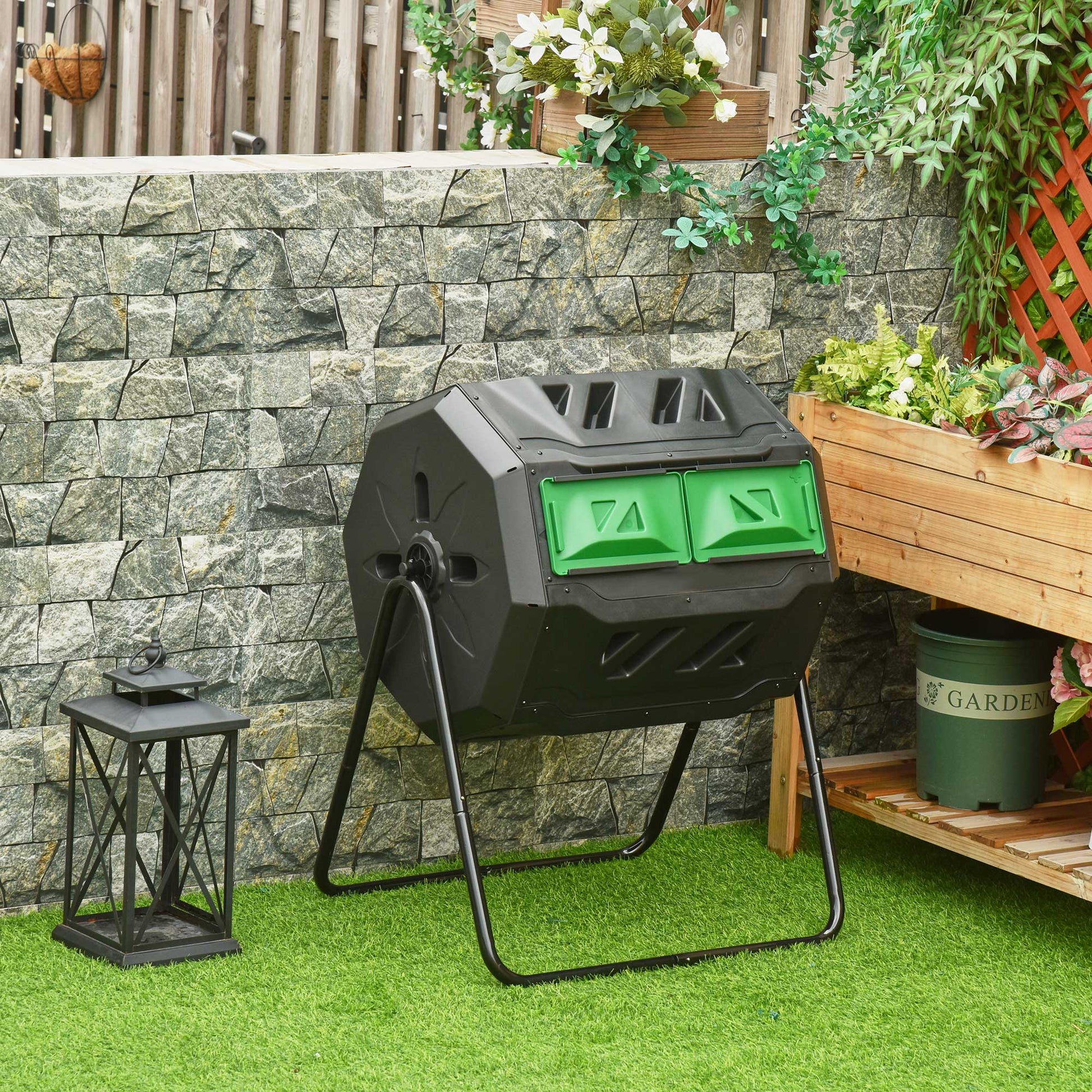Composter 160L, 71cm x 65cm x 96cm Rotatable Quick Composter made of Plastic, Thermocomposter with 2 Chambers, for Organic and Garden Waste, Black