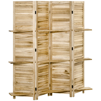 Indoor Room Divider 4 Panels 162L x 170H cm 3 Shelves Foldable Room Separator Louvred Doors Natural Paulownia Wood