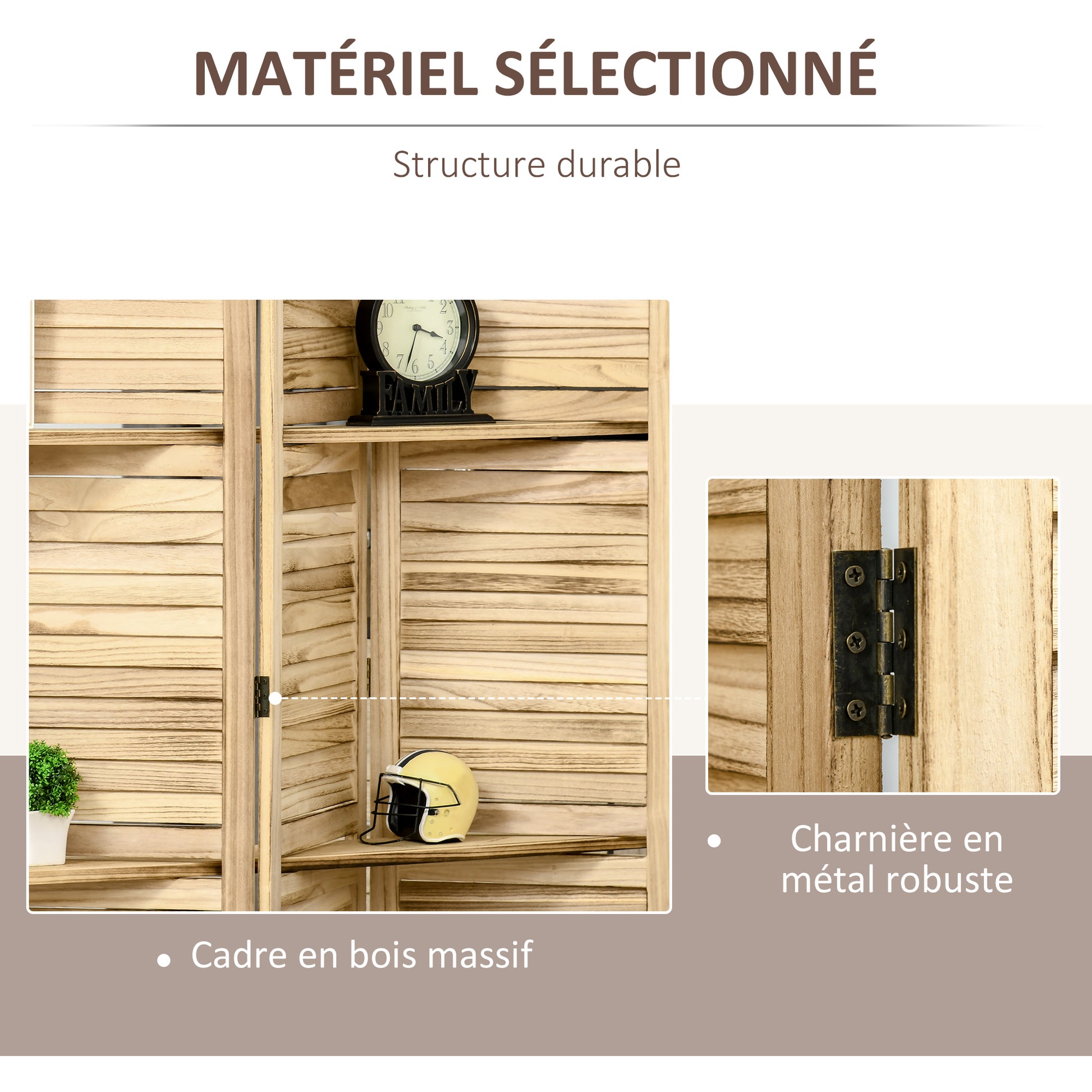 Indoor Room Divider 4 Panels 162L x 170H cm 3 Shelves Foldable Room Separator Louvred Doors Natural Paulownia Wood