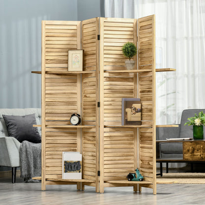 Indoor Room Divider 4 Panels 162L x 170H cm 3 Shelves Foldable Room Separator Louvred Doors Natural Paulownia Wood