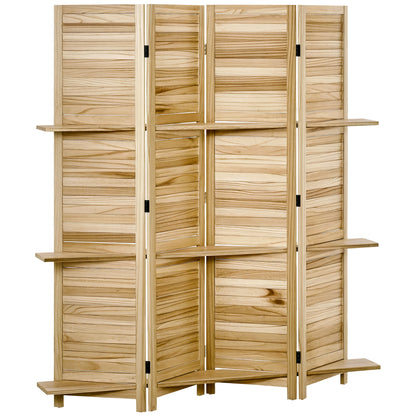 Indoor Room Divider 4 Panels 162L x 170H cm 3 Shelves Foldable Room Separator Louvred Doors Natural Paulownia Wood