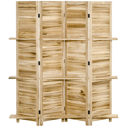 Indoor Room Divider 4 Panels 162L x 170H cm 3 Shelves Foldable Room Separator Louvred Doors Natural Paulownia Wood