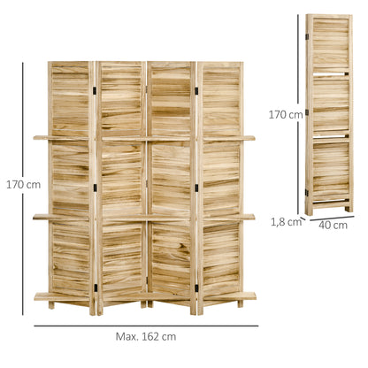 Indoor Room Divider 4 Panels 162L x 170H cm 3 Shelves Foldable Room Separator Louvred Doors Natural Paulownia Wood