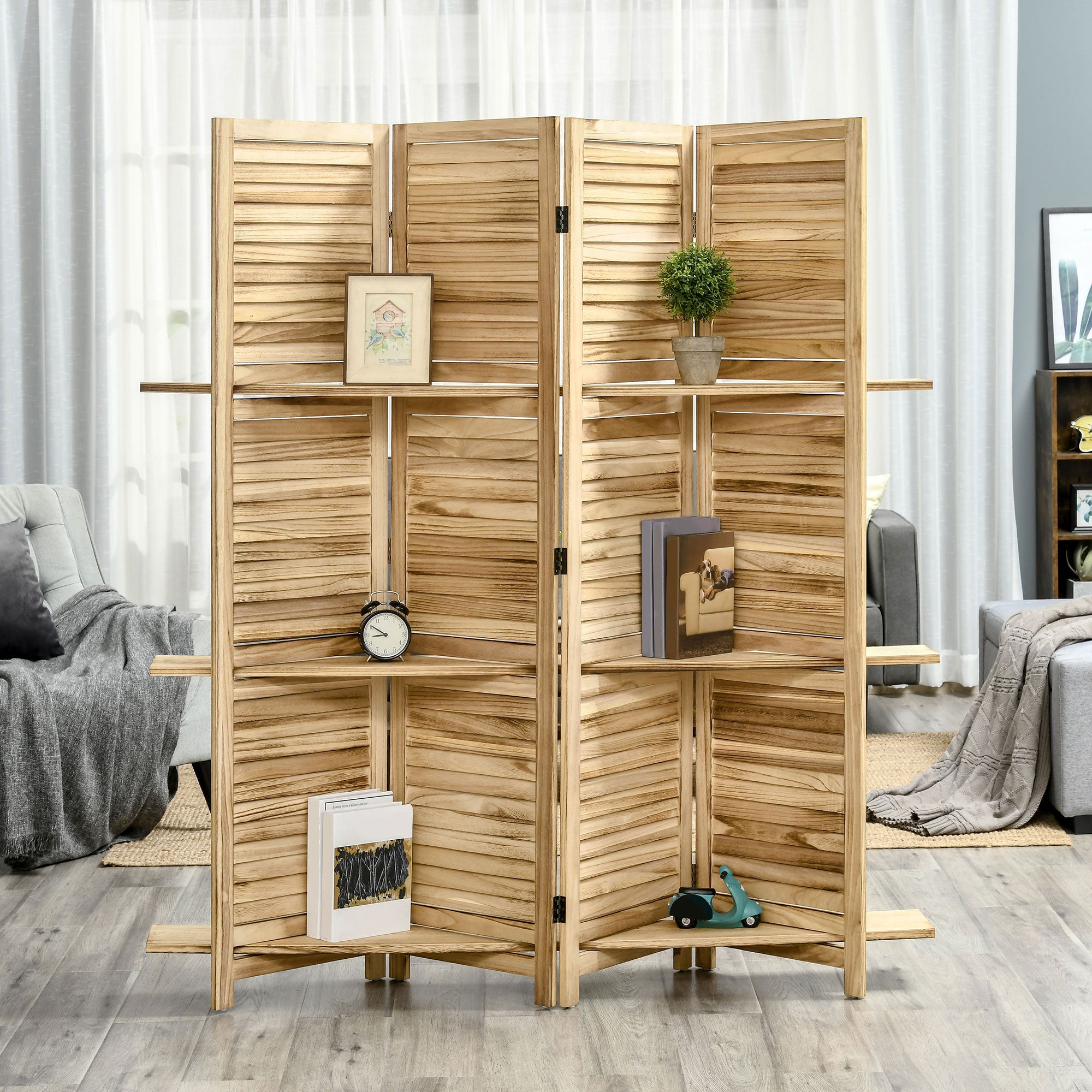 Indoor Room Divider 4 Panels 162L x 170H cm 3 Shelves Foldable Room Separator Louvred Doors Natural Paulownia Wood
