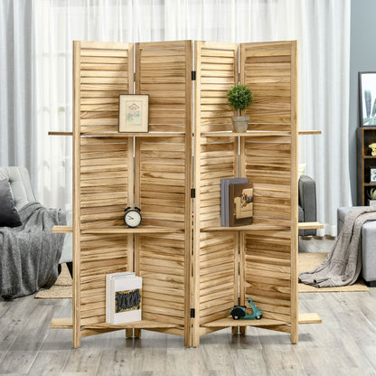Indoor Room Divider 4 Panels 162L x 170H cm 3 Shelves Foldable Room Separator Louvred Doors Natural Paulownia Wood