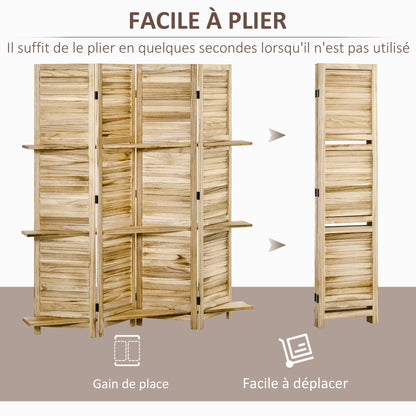 Indoor Room Divider 4 Panels 162L x 170H cm 3 Shelves Foldable Room Separator Louvred Doors Natural Paulownia Wood