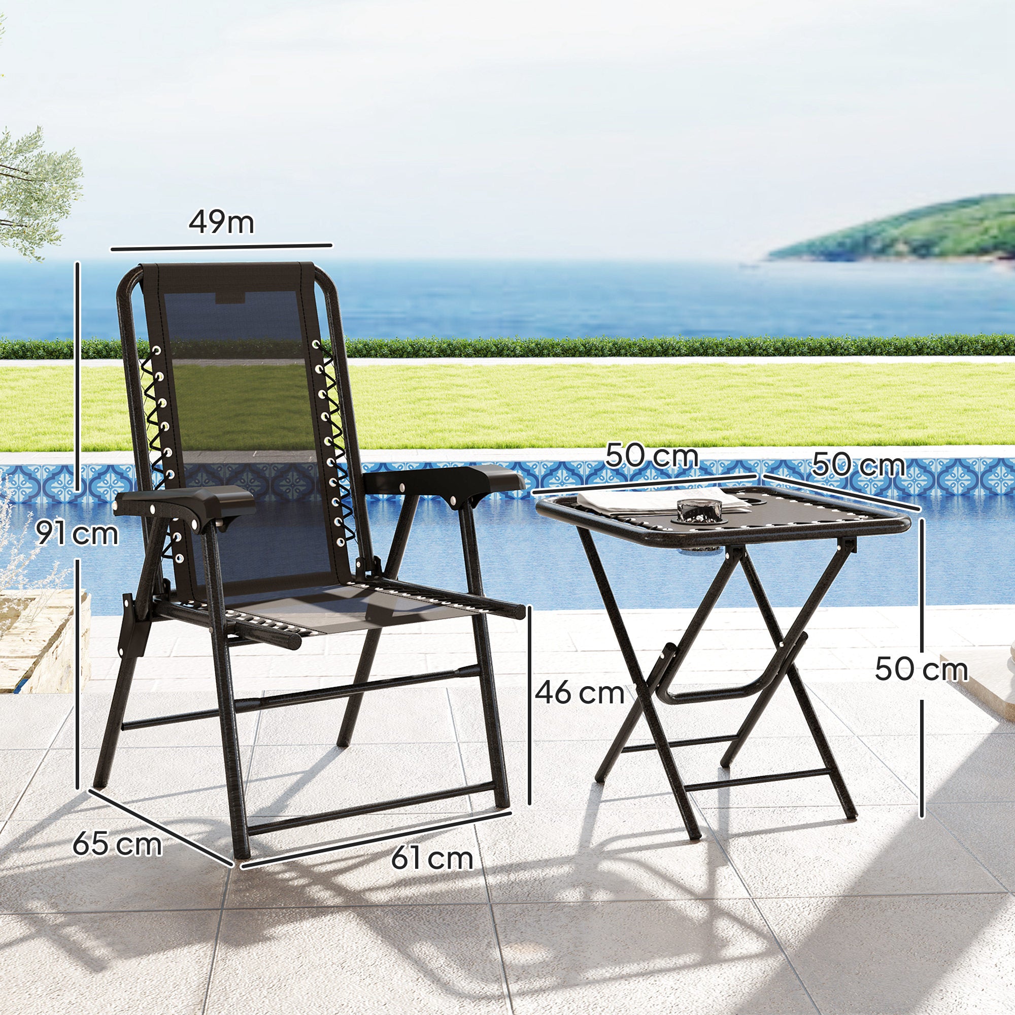 3-Piece Folding Bistro Set – Powder-Coated Steel, Black (2 Chairs + Table) with Cup Holders