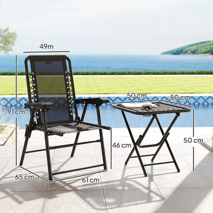 3-Piece Folding Bistro Set – Powder-Coated Steel, Black (2 Chairs + Table) with Cup Holders