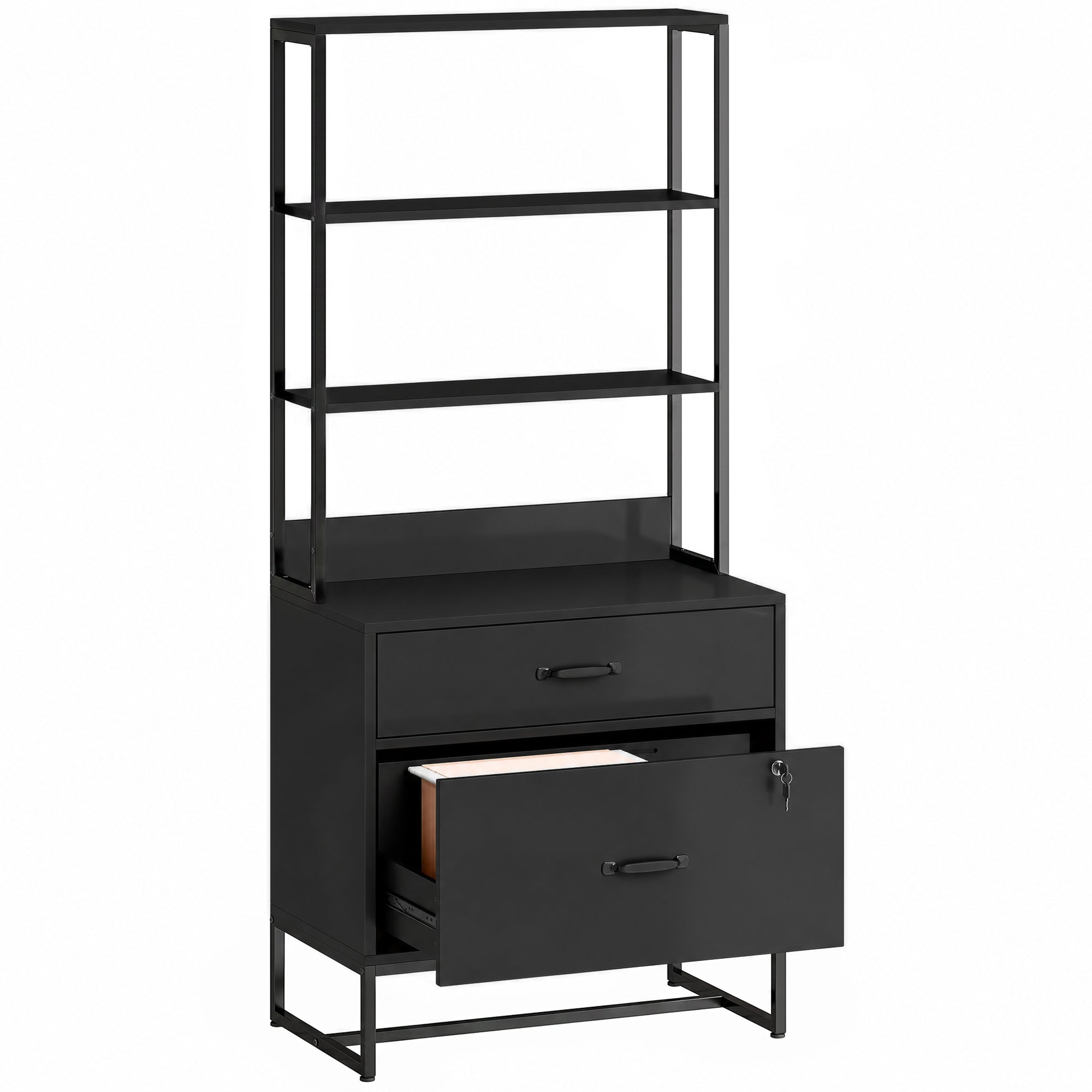 Filing Cabinet Office Storage with Bookshelf for A4, Letter & Legal Files, 2 Drawers, Printer Stand, Black