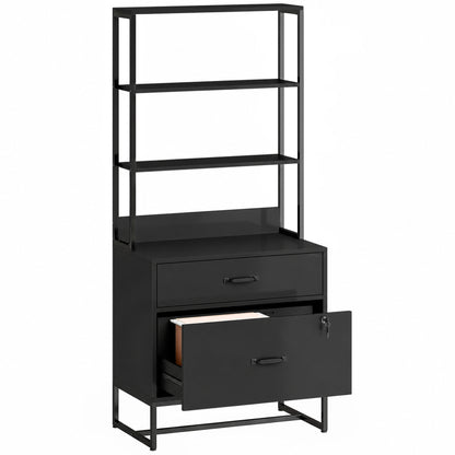 Filing Cabinet Office Storage with Bookshelf for A4, Letter & Legal Files, 2 Drawers, Printer Stand, Black